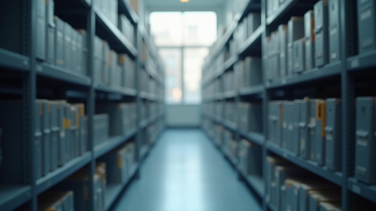 Soft-focus view of historical archival boxes stacked in a quiet research room