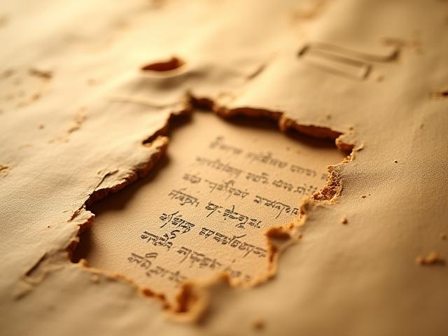 Macro shot of frayed and damaged ancient papyrus with visible lacunae
