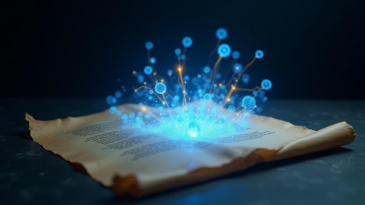 Abstract visualization of interconnected historical data points over an ancient manuscript