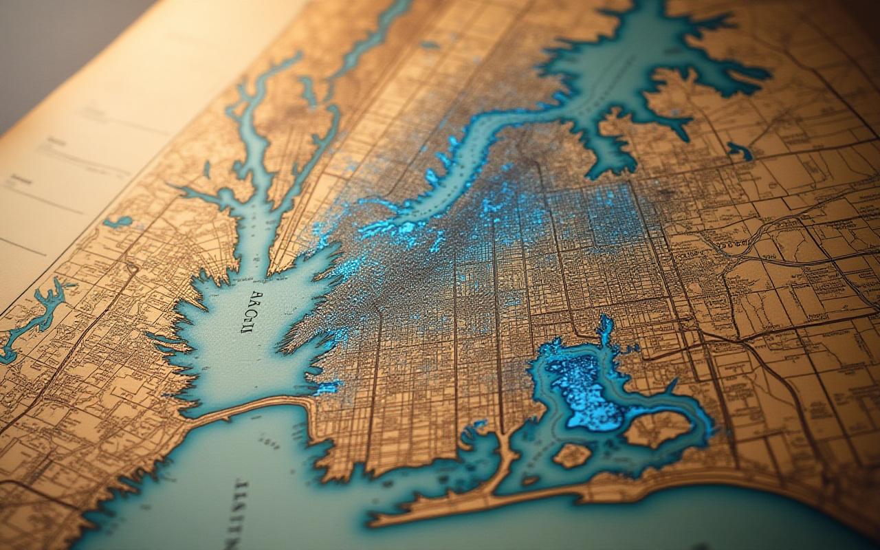 Overlay of 19th-century New York maps with digital heatmaps showing projected growth patterns